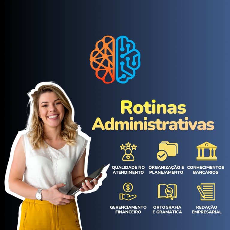 Curso de Rotinas Administrativas: Imagem em degradê preto c/ cinza c/ título Rotinas Administrativas