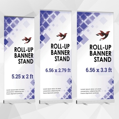 3 pull up banners with varying sizes made in prime acrylics