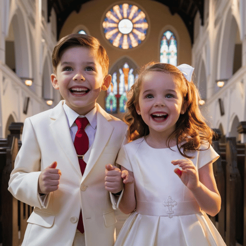 A boy and a girl at their first communion ceremony