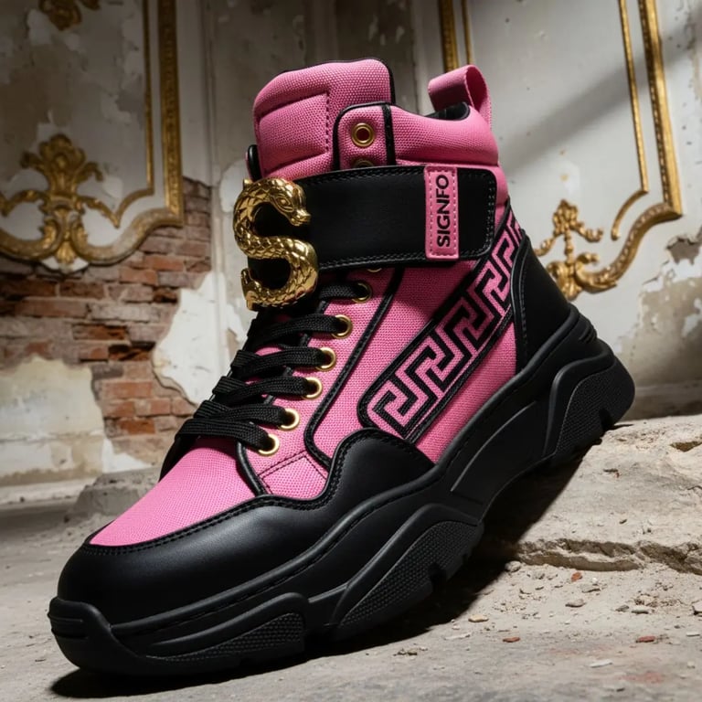 Sepatu boot "Ares" Signifo kanvas polyester pink dengan ornamen ular dan sol tebal.