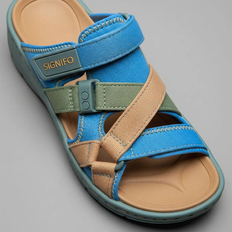 Sandal SIGNIFO Arid Current Drift, berwarna biru, cokelat, dan hijau dengan tali yang dapat disesuaikan.