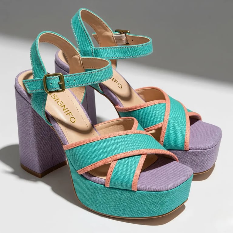 Sepasang platform heels SIGNIFO Aurelia, berwarna teal, ungu muda, dan oranye muda.