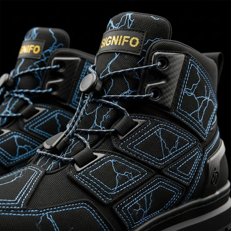 Sepatu boot hitam "Blackout Current" Signifo dengan desain petir biru.