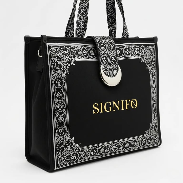 Tas tote SIGNIFO "Book of Shadows" dengan desain bingkai perak dan pengait bulan sabit.