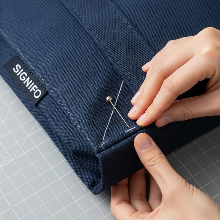 Teknik DIY tote bag: cara membuat sudut kotak pada tas kanvas SIGNIFO dengan jarum pentul.