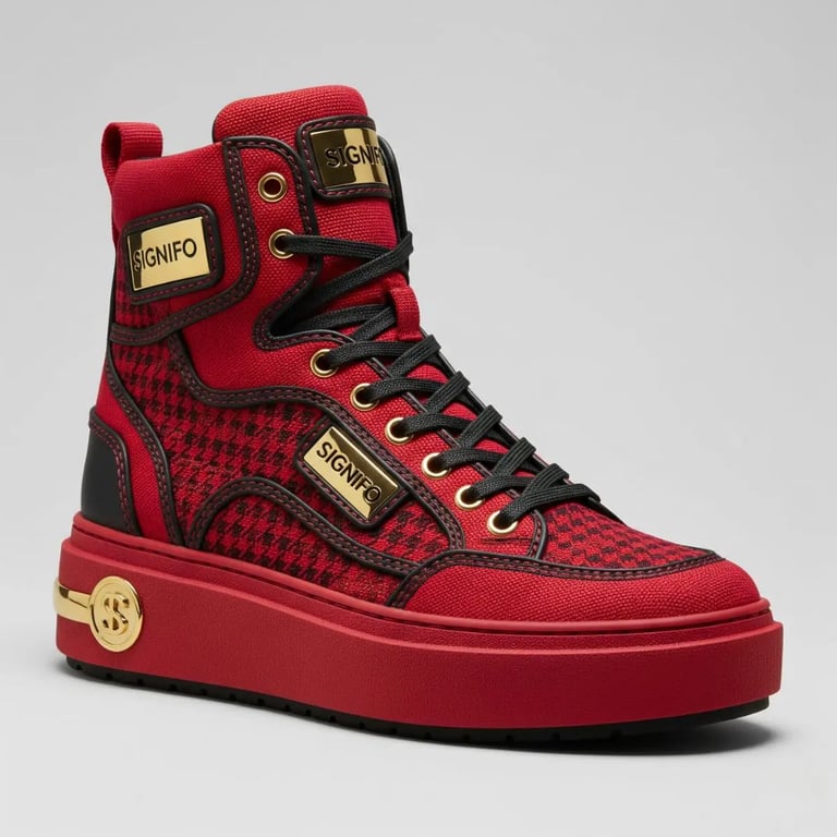Sepatu high-top "Crimson Crest" Signifo merah hitam dengan aksen emas.