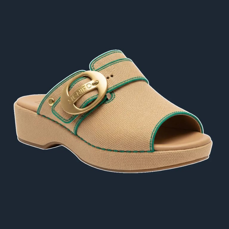 Sandal platform "Oasis Drift II" Signifo Camel Cream dengan aksen hijau.