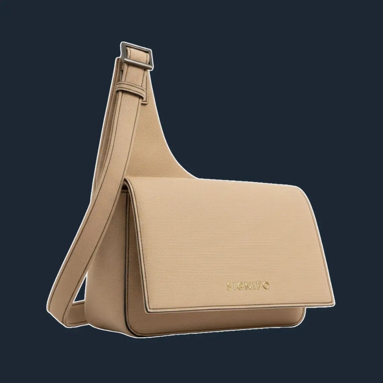 Tas selempang "Dune Rift" Signifo kanvas Camel Cream dengan tali yang bisa diatur.