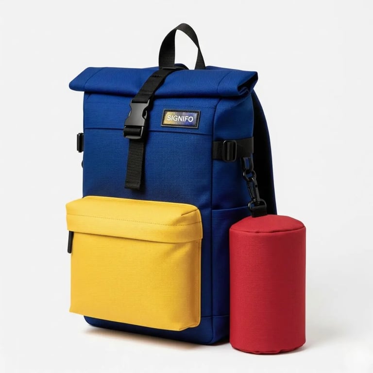 Ransel modular SIGNIFO berwarna biru dengan kantong kuning dan kompartemen merah yang bisa dilepas.