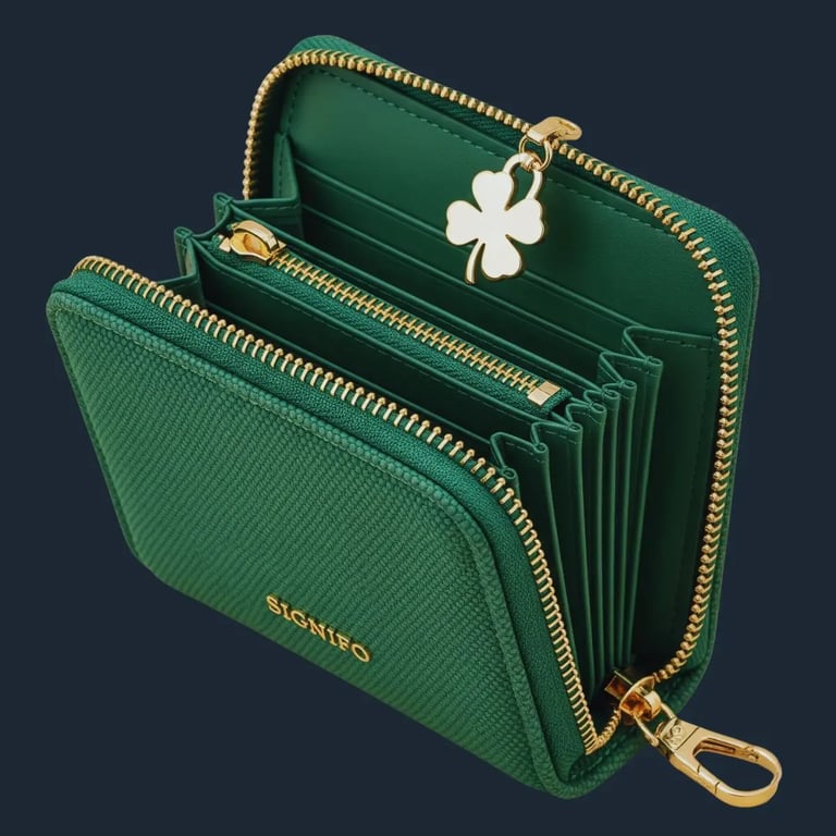 Dompet "Emerald Charm" Signifo hijau dengan resleting emas dan gantungan semanggi.