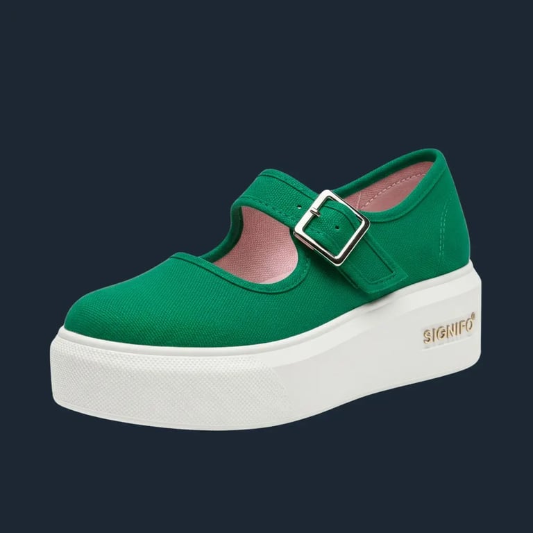Sepatu Mary Jane platform "Emerald Pop" Signifo hijau dan sol putih