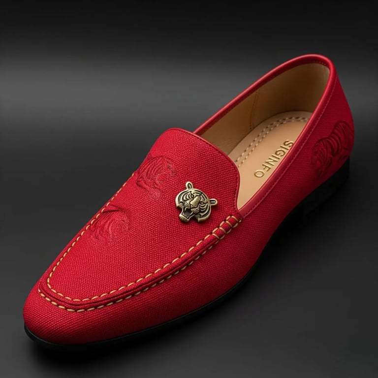 Sepatu loafer merah Signifo dengan logo kepala harimau emas.