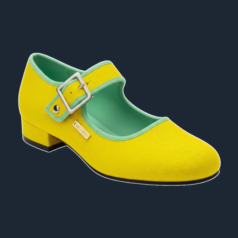 Sepatu Mary Jane "Le Pas Éclatant" Signifo kanvas Cyber Yellow dan aksen hijau mint.