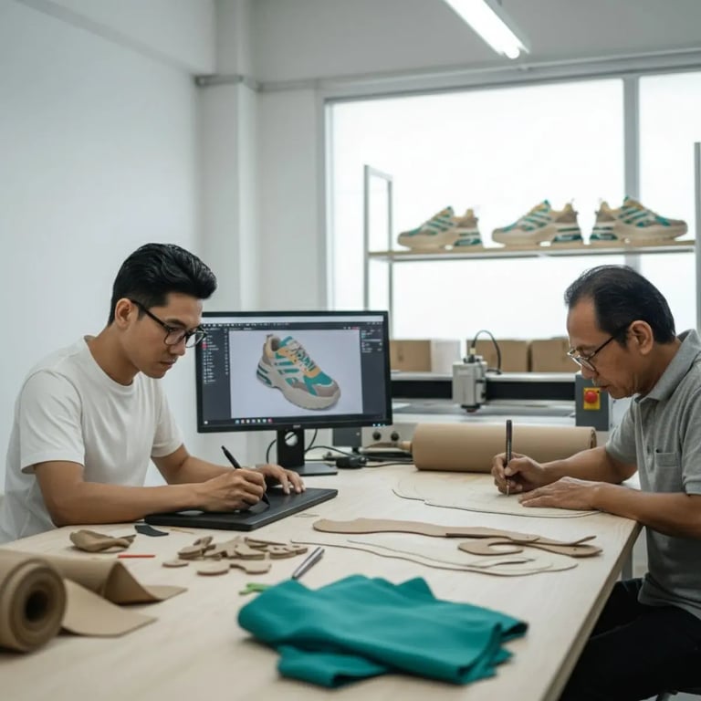 Desainer SIGNIFO sedang membuat pola untuk sepatu sneakers Teal Mirage Chunky.