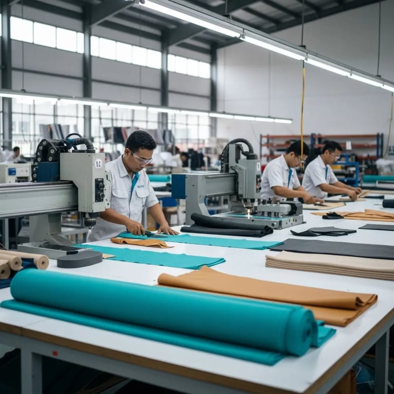 Pekerja SIGNIFO sedang memotong kain untuk bagian atas sepatu sneakers.