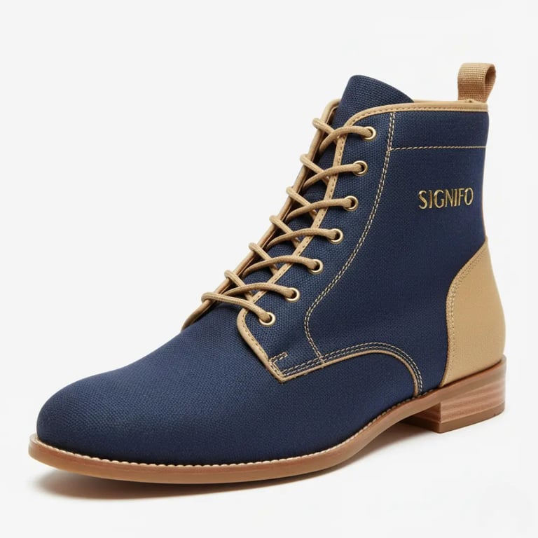 Sepatu boot "Midnight Nomad" Signifo biru dan krem dengan tali sepatu.