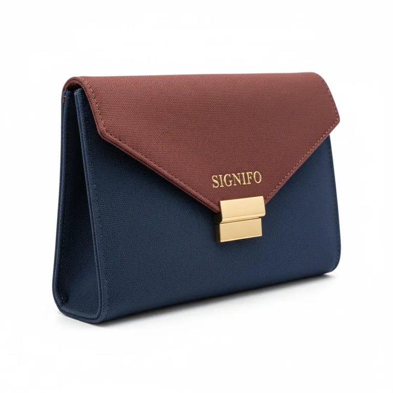Tas clutch "Midnight Reverie" Signifo biru tua dan merah marun.