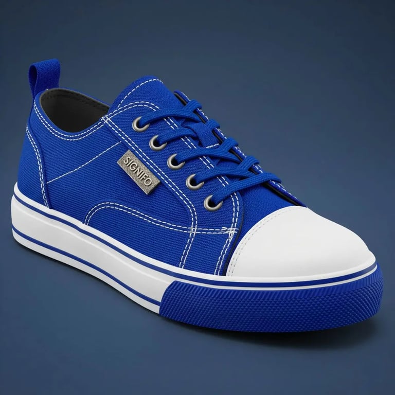 Sepatu sneaker kanvas "Monochrome Depth" Signifo biru tua dengan sol putih.