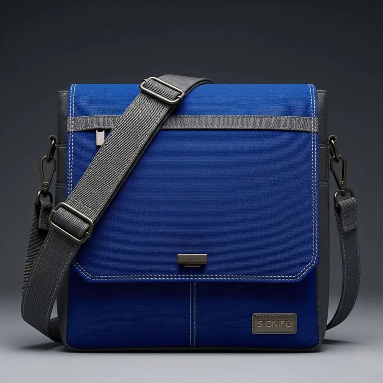 Tas selempang "Navy Precision" Signifo dengan strap abu-abu dan detail jahitan.