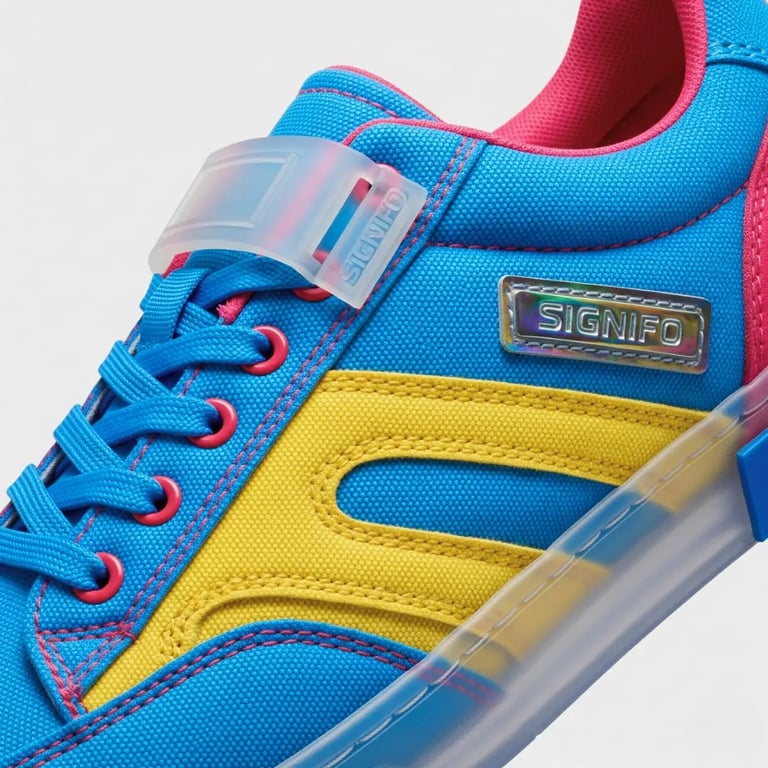 Tampilan dekat sepatu sneakers SIGNIFO Neon Horizon, berwarna biru, kuning, dan merah muda.