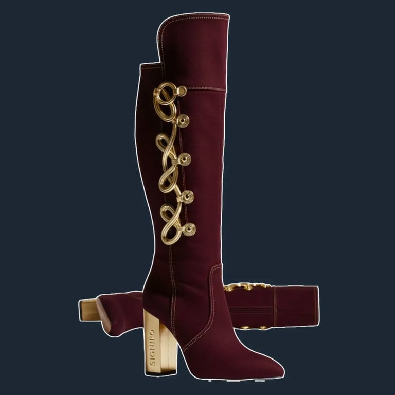 Sepatu boots "Tsarina" Signifo kanvas Maroon Red dengan ornamen emas.
