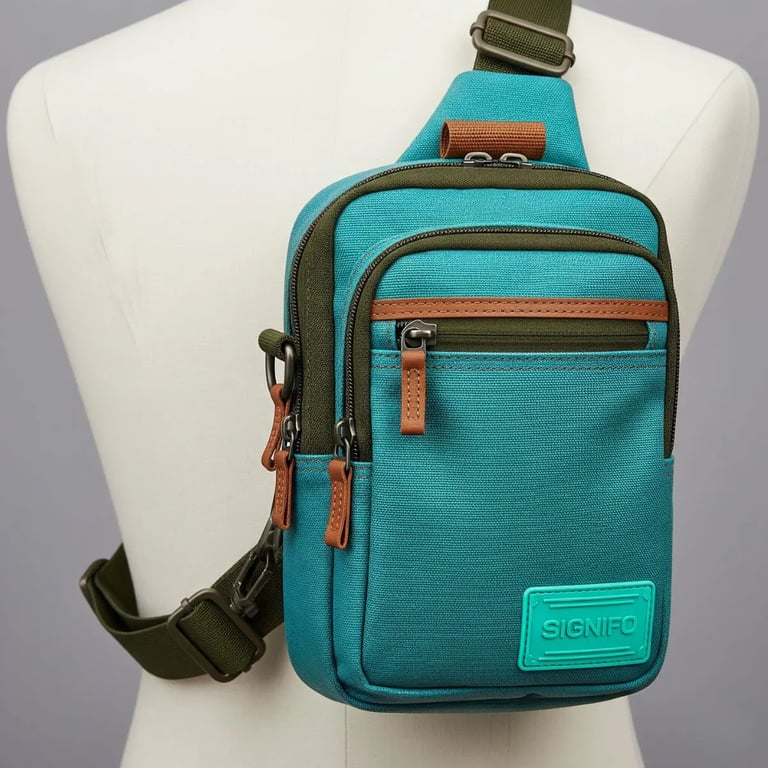 Tas selempang SIGNIFO Recon berwarna teal dan hijau tua, dipakai di manekin.