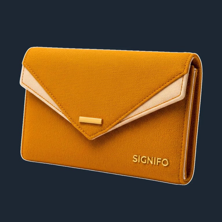 Dompet lipat "Aurelius Fold" Signifo kanvas Marigold Yellow dengan aksen krem.
