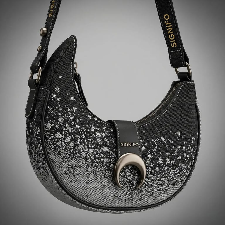 Tas bahu "Shadow & Stardust" Signifo dengan desain bulan sabit, gradien abu-abu dan taburan bintang.