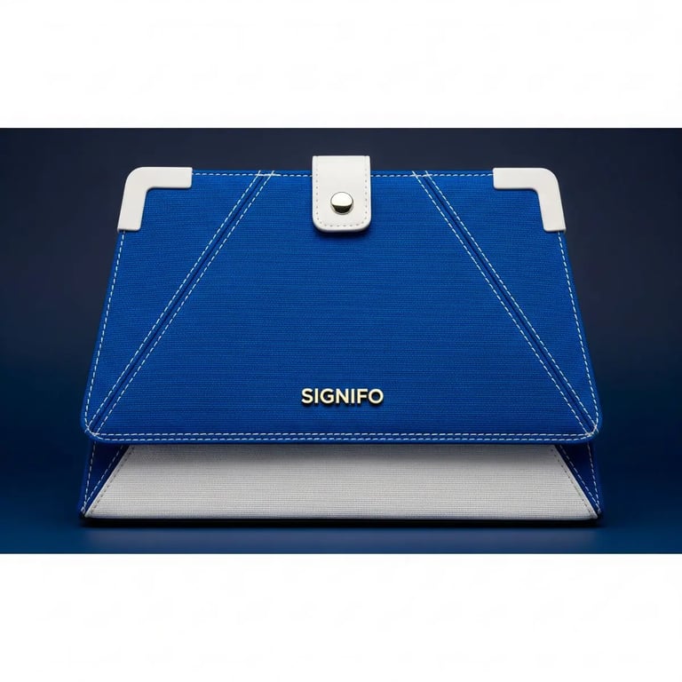 Tas clutch "Solid Horizon" Signifo biru tua putih dengan aksen jahitan putih.