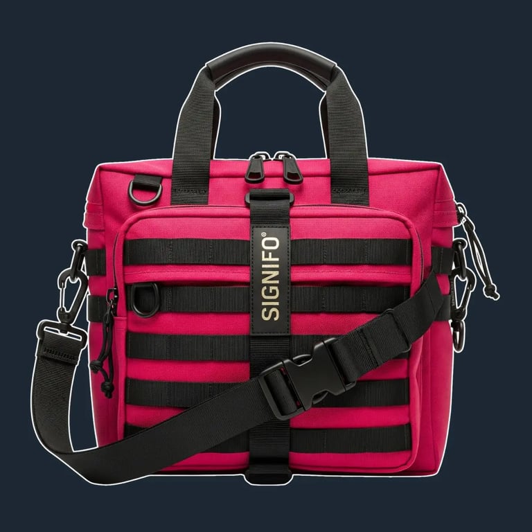 A modular, rectangular tote with a functional, multi-pocket 'tech-panel' design on the front.