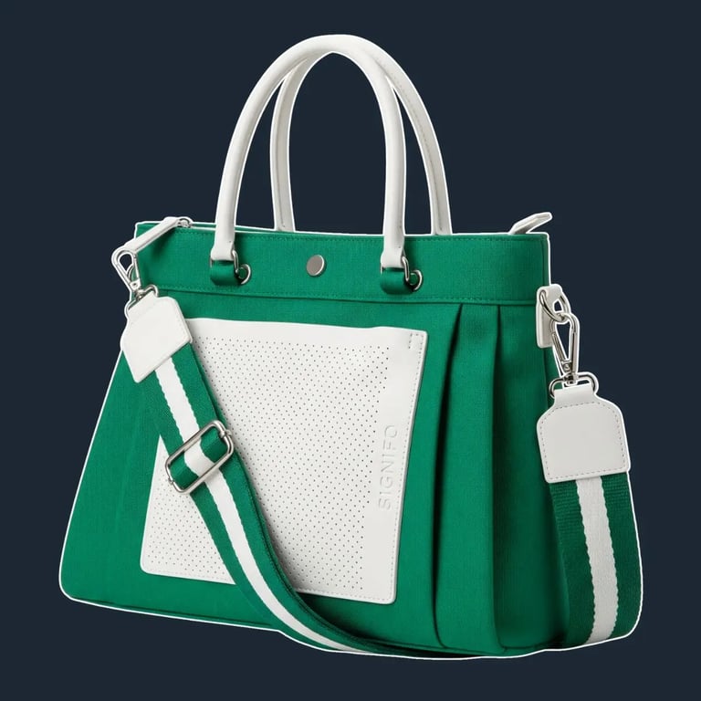 A sleek, structured north-south tote bag with pleated side gussets, mimicking a tennis skirt.