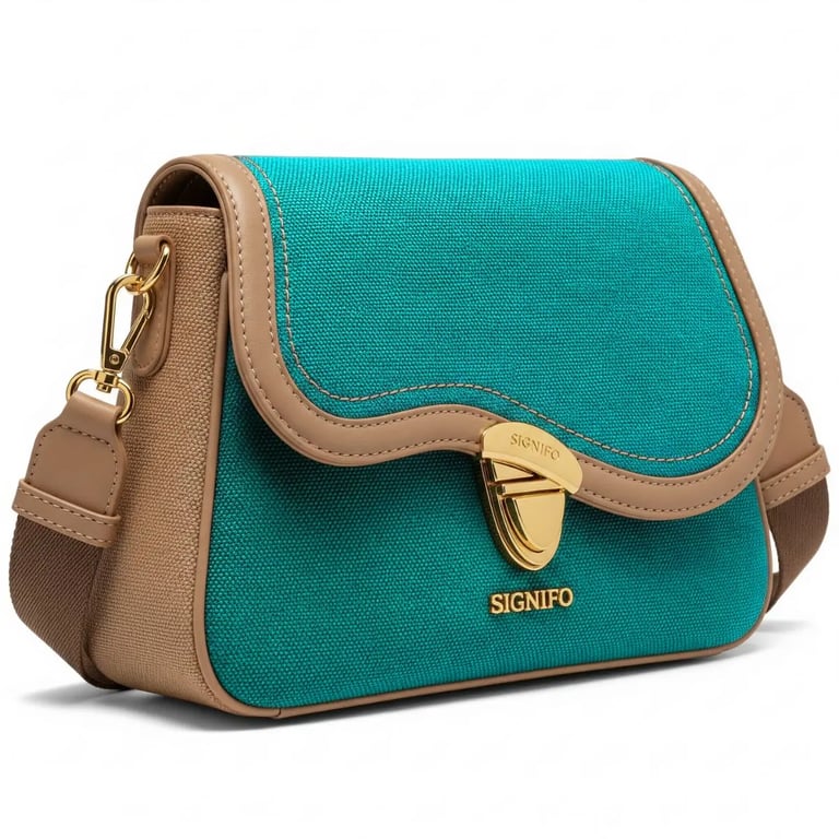 Tas bahu SIGNIFO Wave, berwarna teal dan krem, dengan gesper emas.