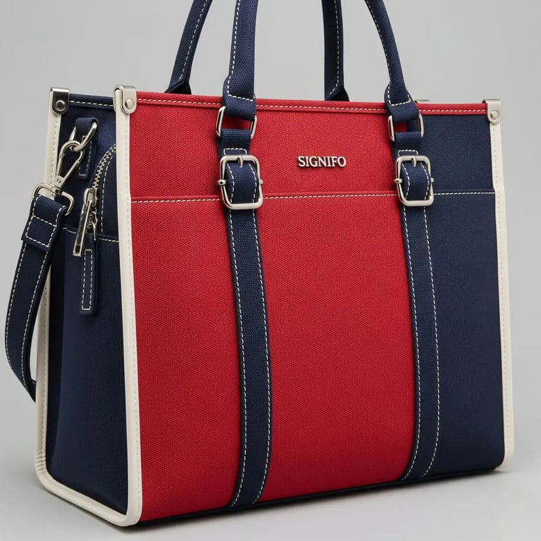 as jinjing SIGNIFO tiga warna, merah, biru tua, dan krem, dengan jahitan kontras putih.