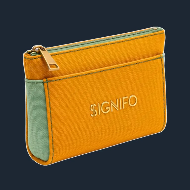 Dompet "Solstice Keeper" Signifo kanvas Marigold Yellow dengan aksen hijau.