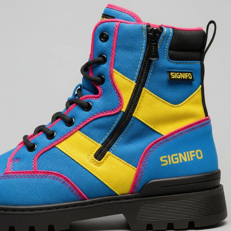 Sepatu boot SIGNIFO Volt Current Transit, berwarna biru, kuning, dan merah muda.
