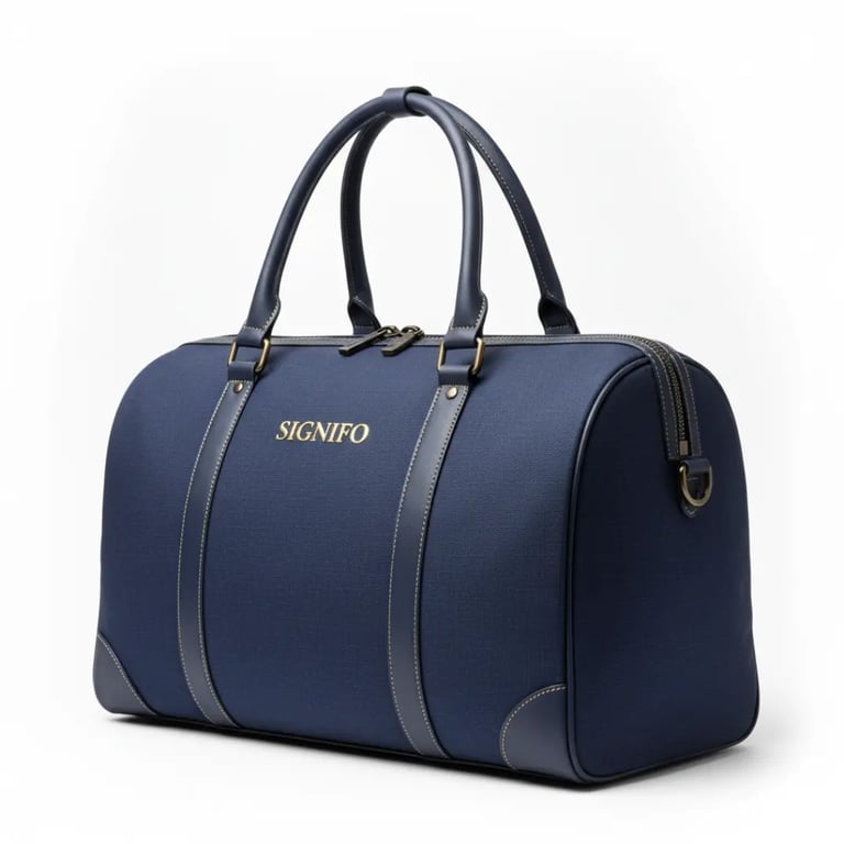 Tas duffel "Voyageur Nocturne" Signifo biru dengan detail kulit dan strap.