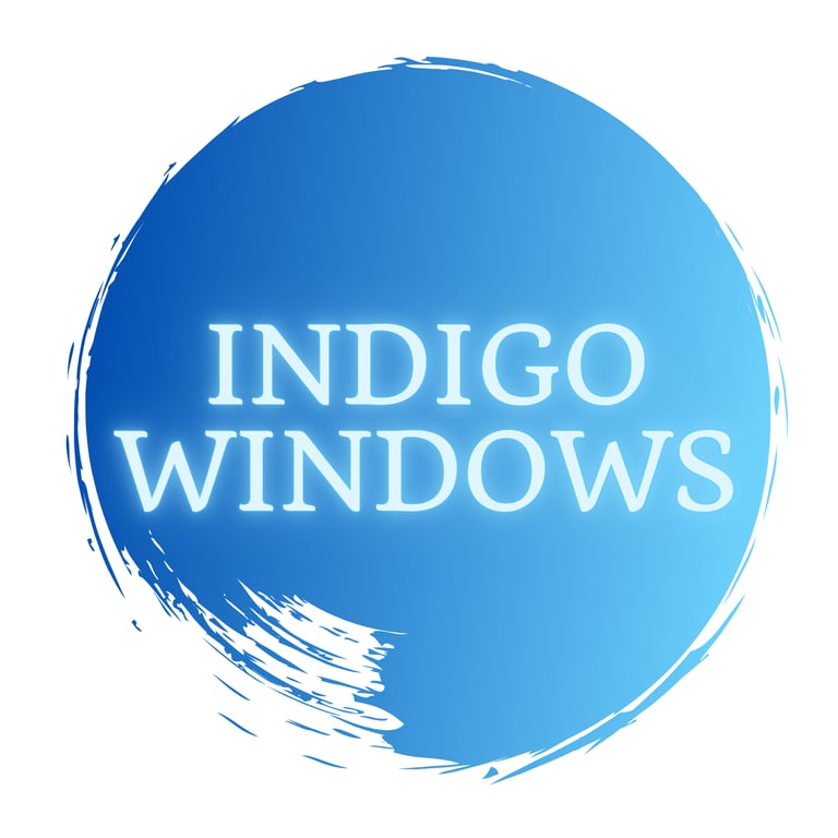 a blue and white logo with the words indigo windows