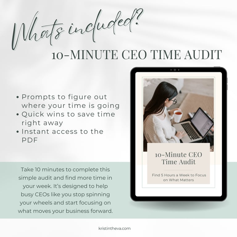 Promotional image for a 10-Minute CEO Time Audit PDF. Features an iPad showing a woman with a laptop