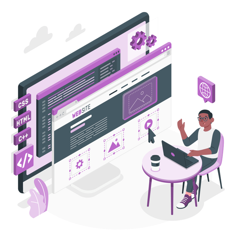a man sitting at a table with a laptop and website design illustration, css html c++ concept bensyl 