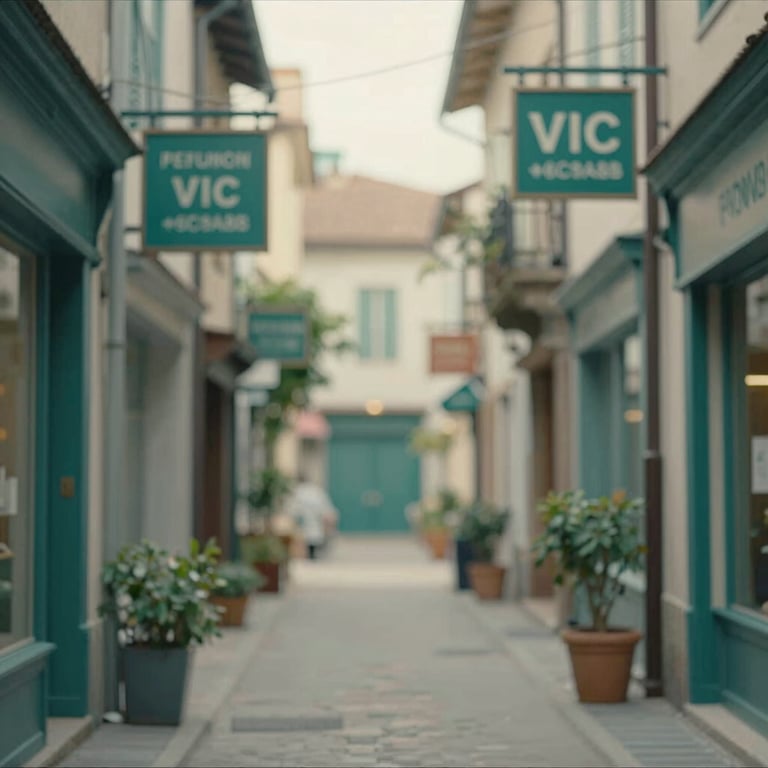 A typical narrow street in the old town of Vic with shop signs, captured in soft morning light, featuring greens and teals (#6C9A8B).
