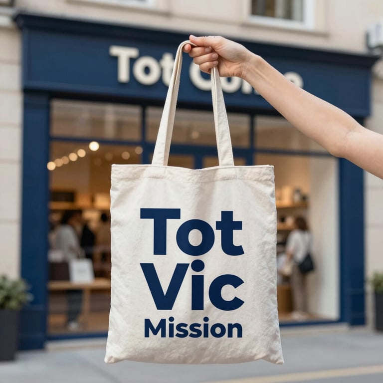 Hands holding a canvas bag printed with the Tot Vic mission, in front of a modern shop front with dark blue accents (#1A202C).