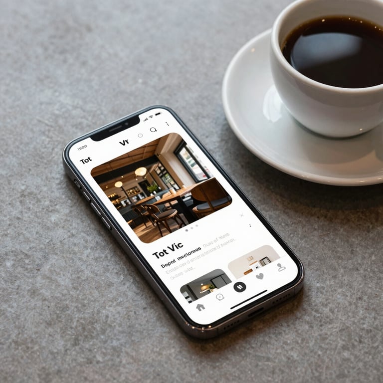 A stylish flat-lay of a smartphone with the Tot Vic app open next to a cup of coffee in a local Vic cafe.