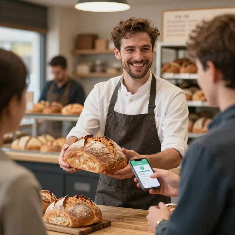 A friendly baker in Vic handing over a loaf of bread to a customer who is ready to scan their Tot Vic app.