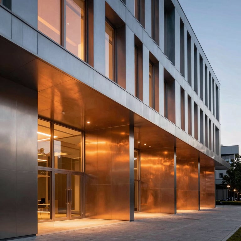 Minimalist architectural shot of a modern technology campus exterior at night, with metallic surfaces reflecting glowing copper orange and silver architectural lighting.
