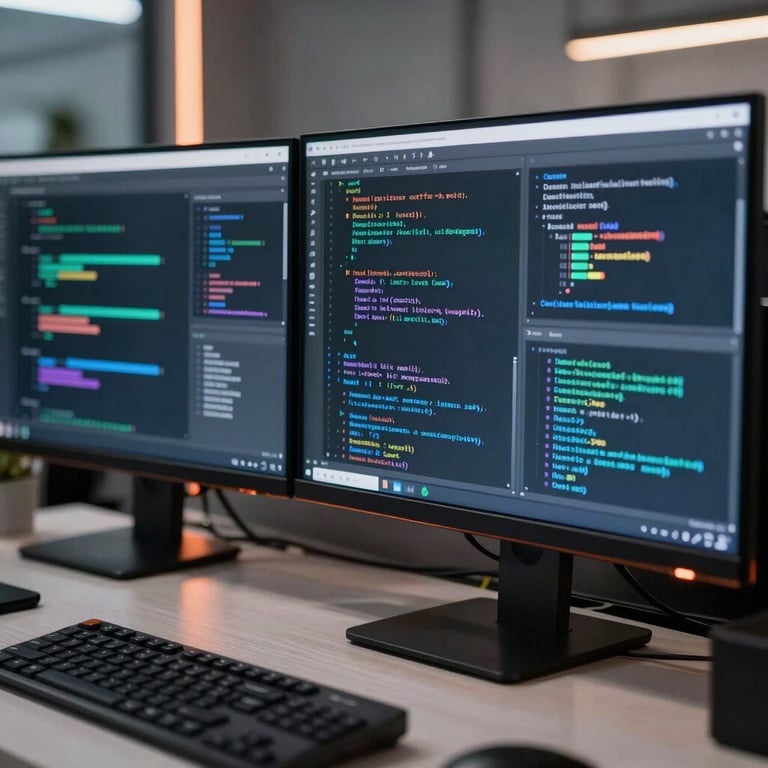 Close-up photography of a software developer's workstation with multiple monitors displaying AI and machine learning algorithms in a modern office with copper orange lighting accents.