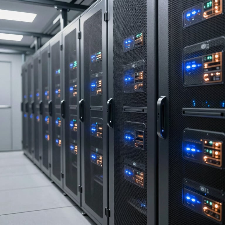 A sleek corridor inside a modern data center with metallic silver panels and glowing blue and copper indicators, emphasizing advanced technology and security.