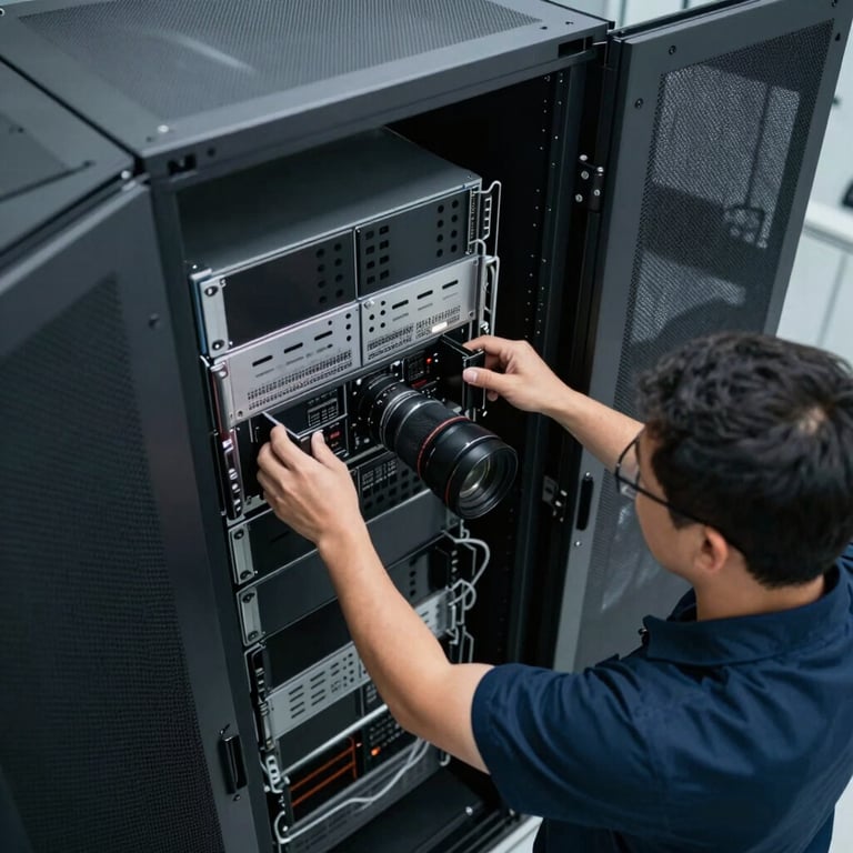 A high-angle view of a professional technician installing high-performance servers in a clean, charcoal gray server room environment.