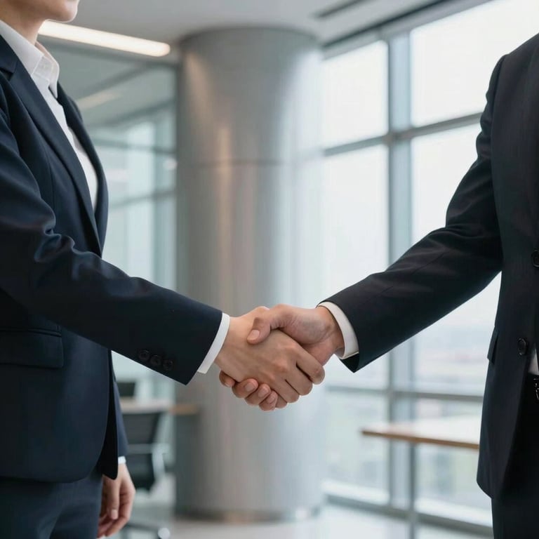Professional business people in corporate attire shaking hands in a bright, modern office with metallic and glass textures, signifying a successful partnership.