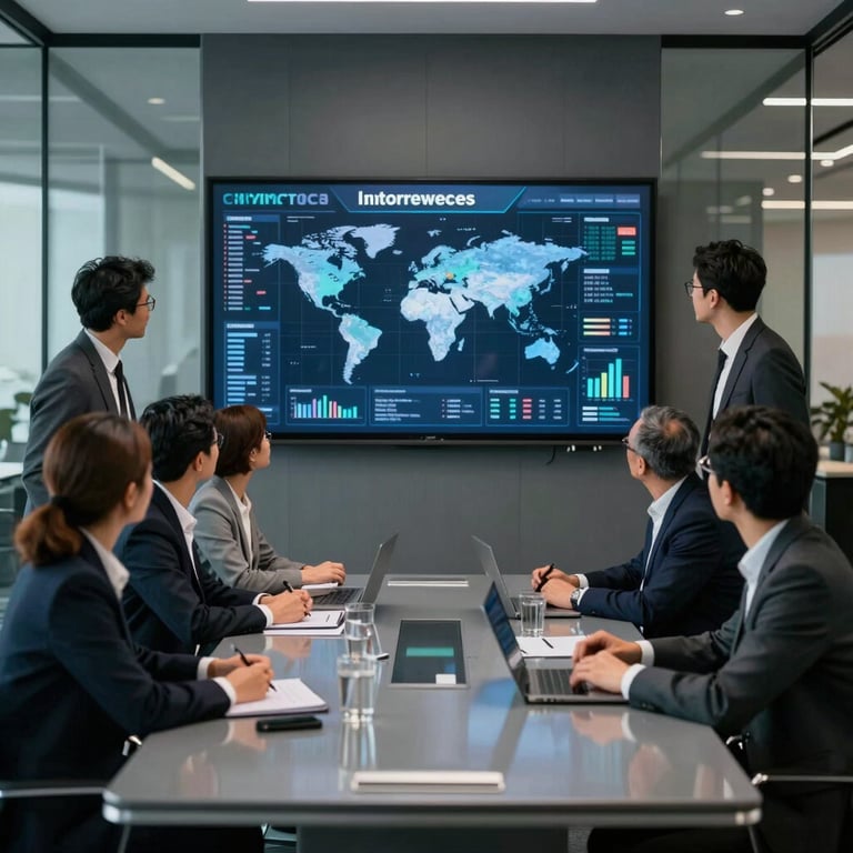 A diverse team of professionals in a high-tech glass conference room reviewing enterprise data on a large screen, global corporate setting, charcoal gray and metallic silver decor.