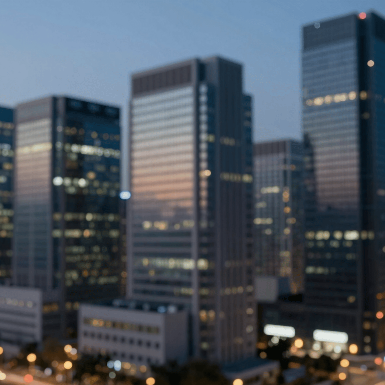 The Gurugram skyline featuring modern glass architecture and business towers under a professional blue twilight sky.
